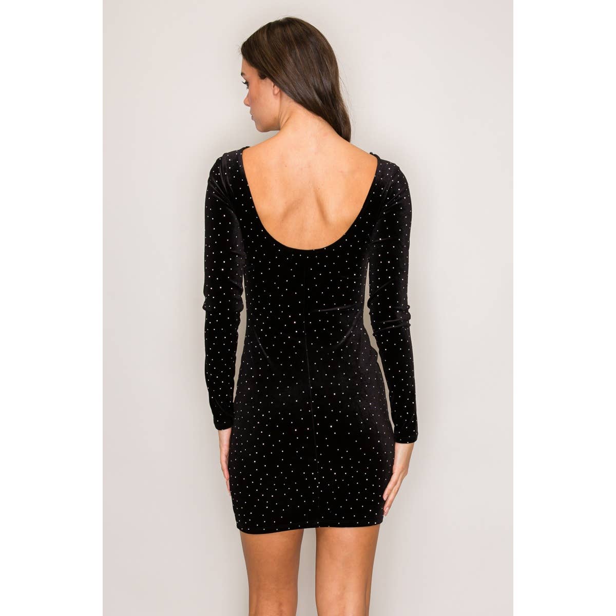 Low Back Studded Velvet Long Sleeve Mini Dress: Black