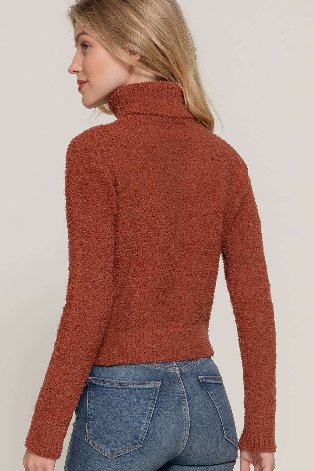 Long Sleeve Turtle Neck Fluffy Sweater: RST-rust brown