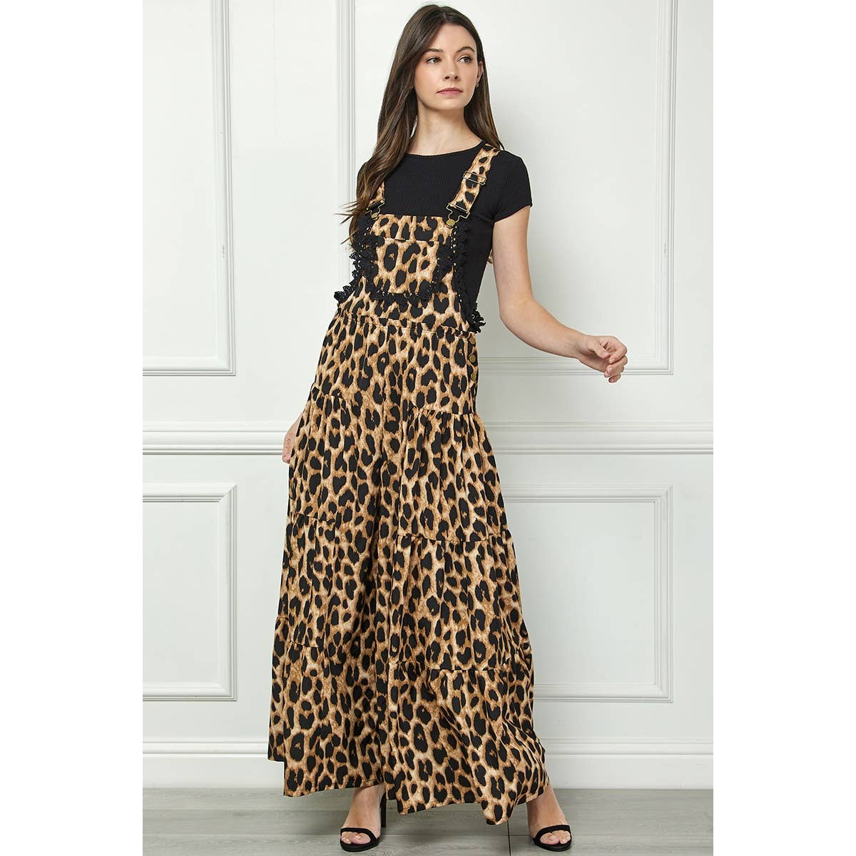 Embroidered Strap Flowy Jumpsuit: Leopard