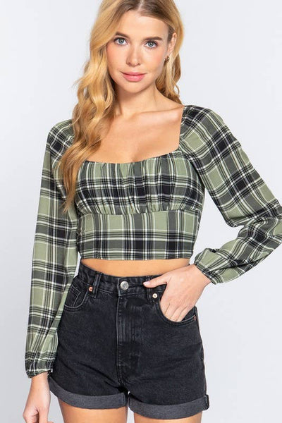 Long Sleeve Sweetheart Neck Plaid Print Woven Crop Top: Olv-Olive