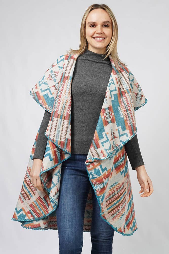 Aztec Reversible Round Shawl Vest: Turquoise