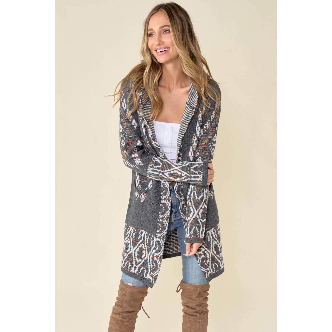 Aztec Rainbow Jacquard Long Sleeve Hooded Cardigan: GREY