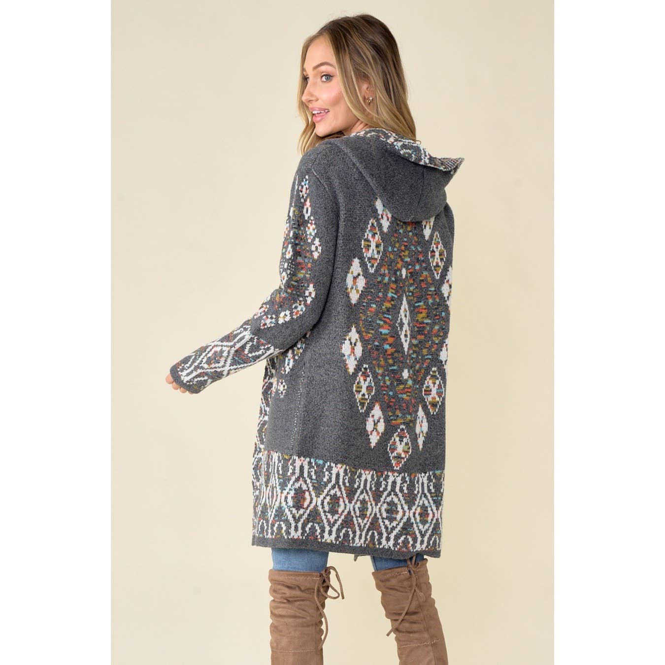 Aztec Rainbow Jacquard Long Sleeve Hooded Cardigan: GREY