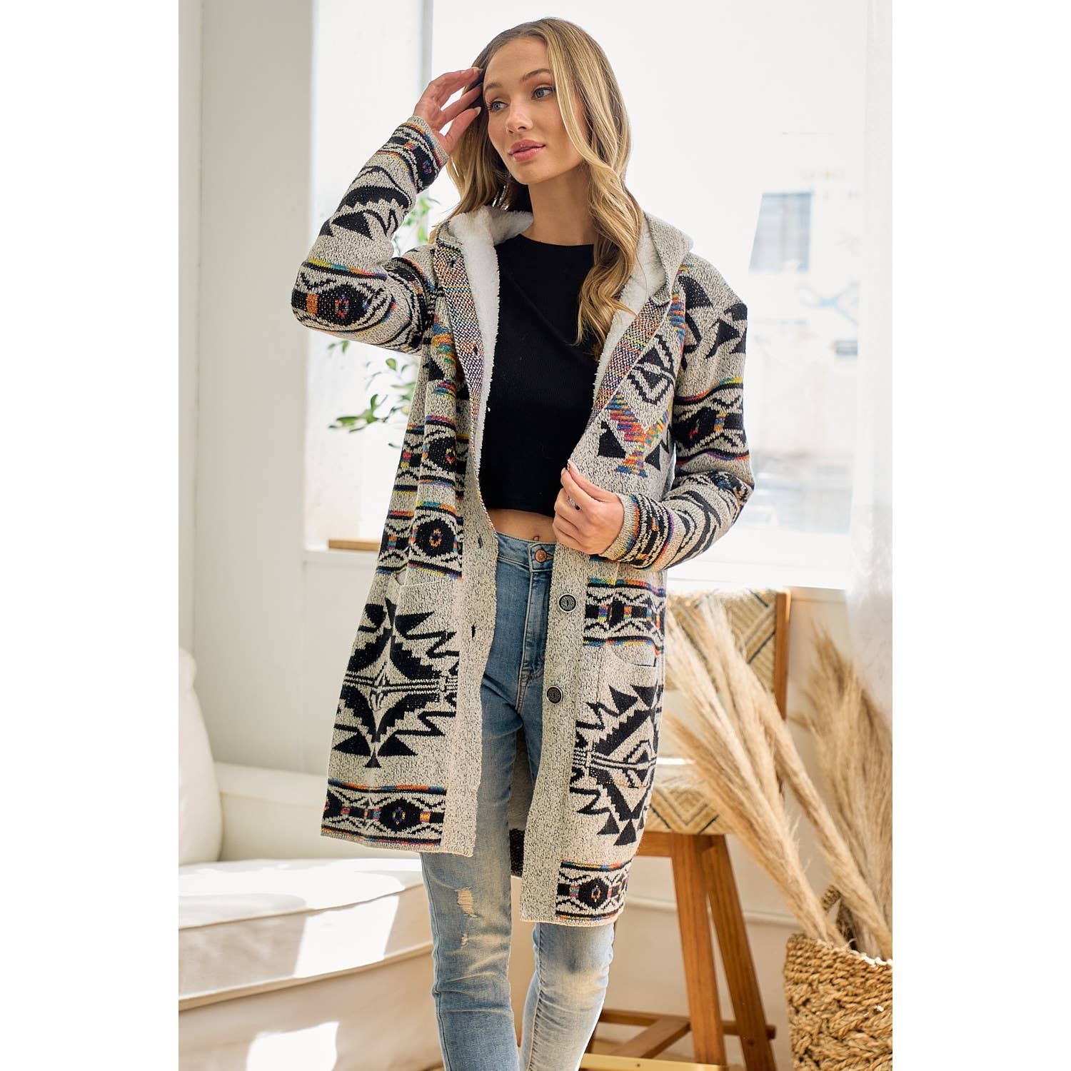Rainbow Aztec Long Sleeve Hooded Sweater Cardigan: OATMEAL MULTI