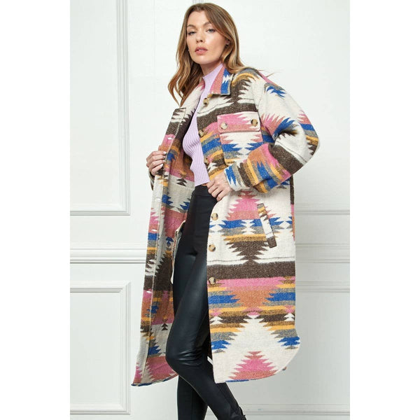 Vintage Ethnic Print Long Jacket: Pink Combo