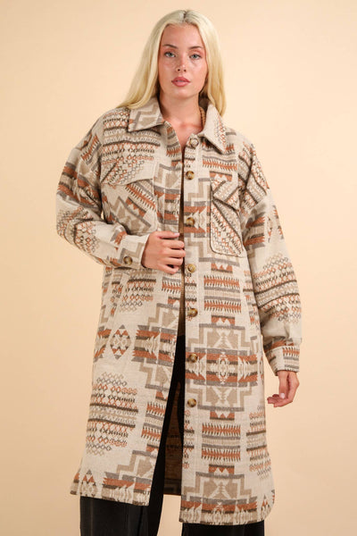 Aztec & Plaid Printed Shacket Jacket Coat: MOCHA MIX