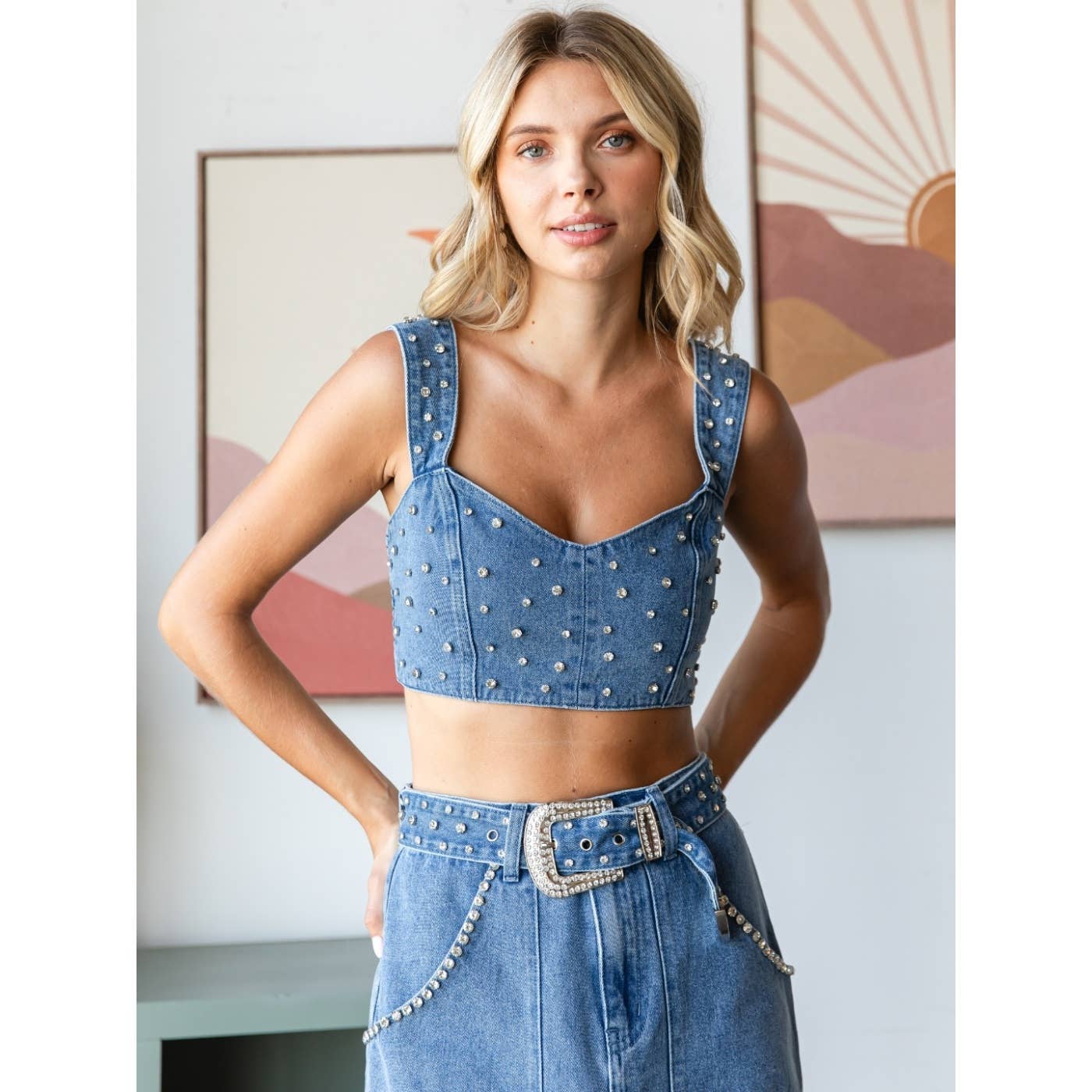 Rhinestone Belt Denim Tank Top: Med Wash