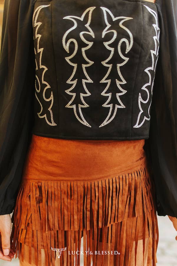 Black Boot-stitch Embroidered Elastic Long Sleeve Top
