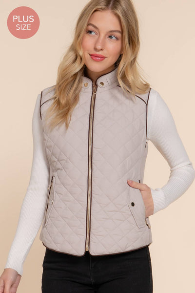 Suede Piping Quilted Padding Vest: TPE-pale taupe