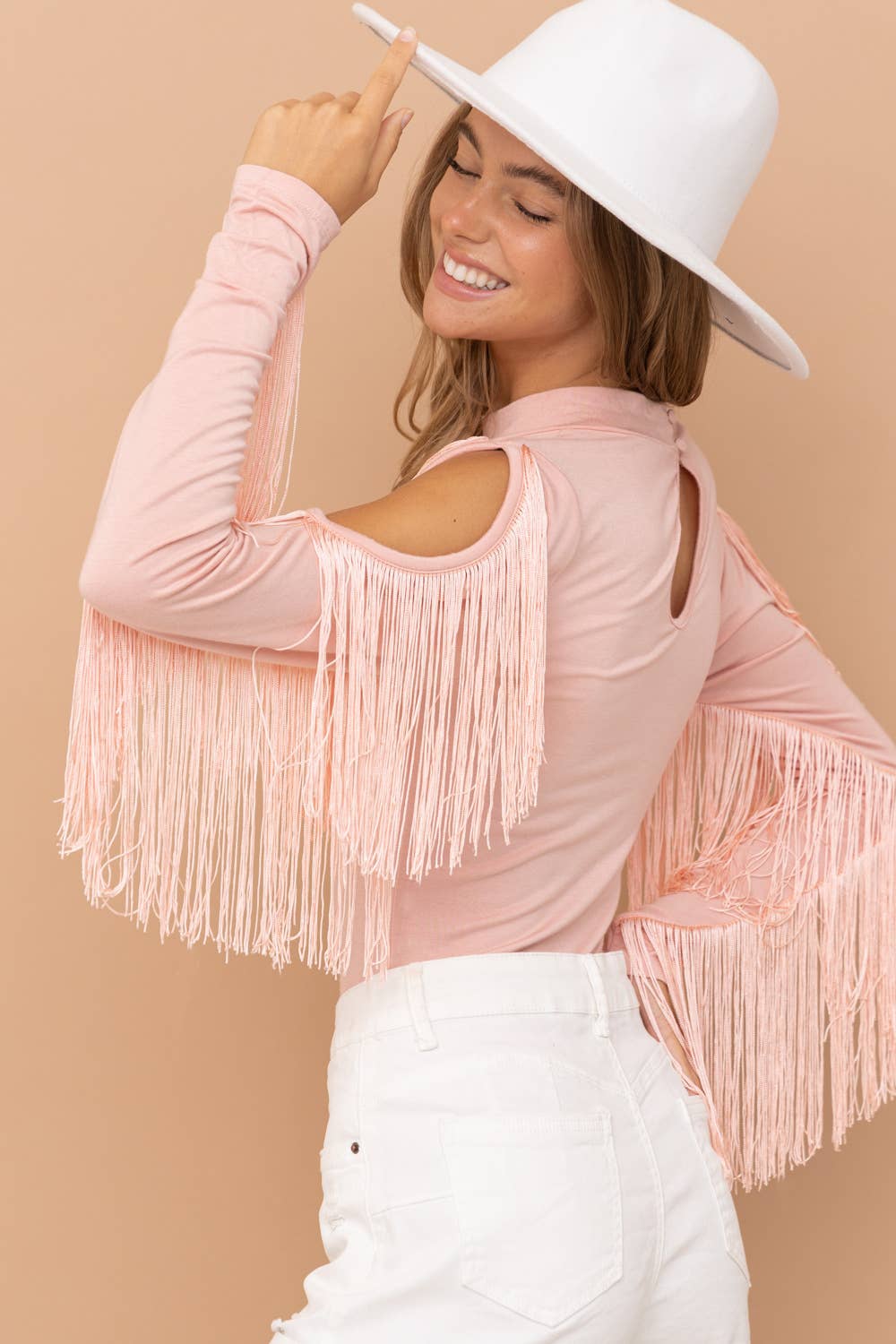 32406T - Rayon Jersey Mock Neck Shoulder Fringe Bodysuit: BLUSH