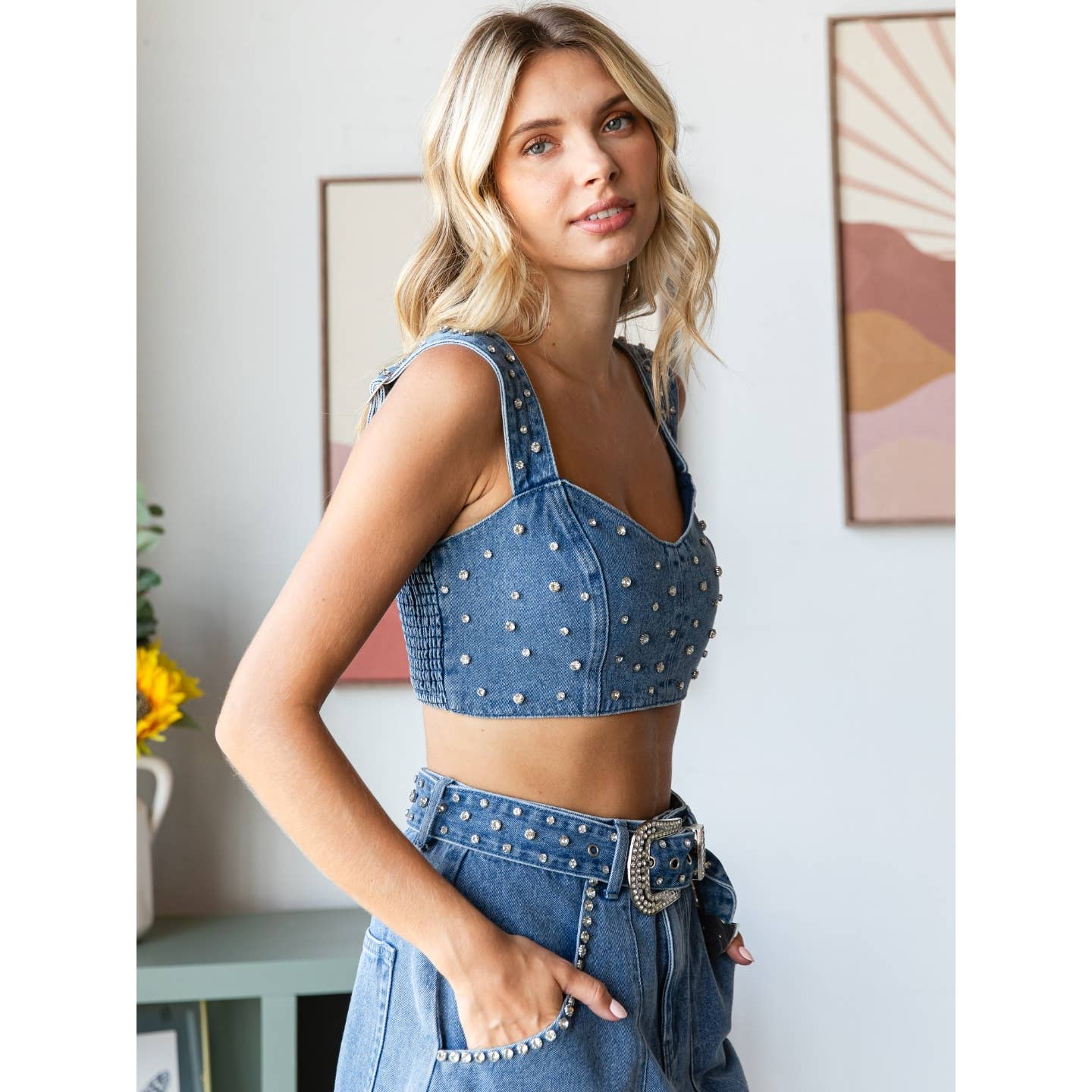 Rhinestone Belt Denim Tank Top: Med Wash