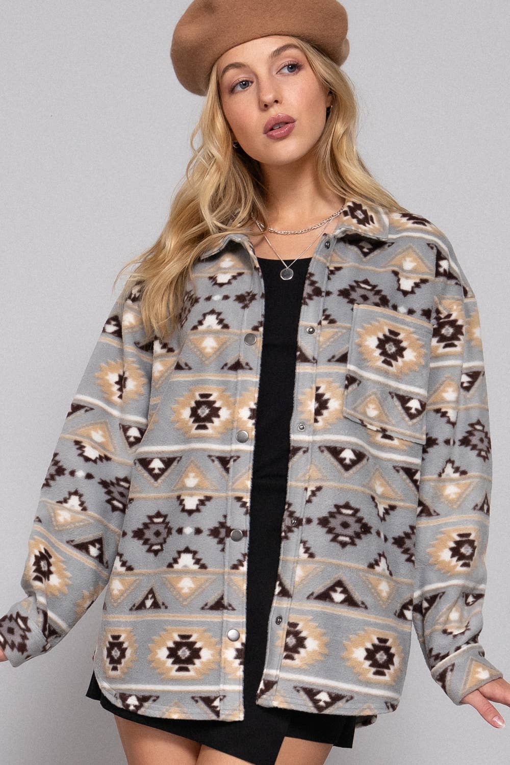 Long Sleeve Printed Fleece Shacket: GRY-grey/taupe