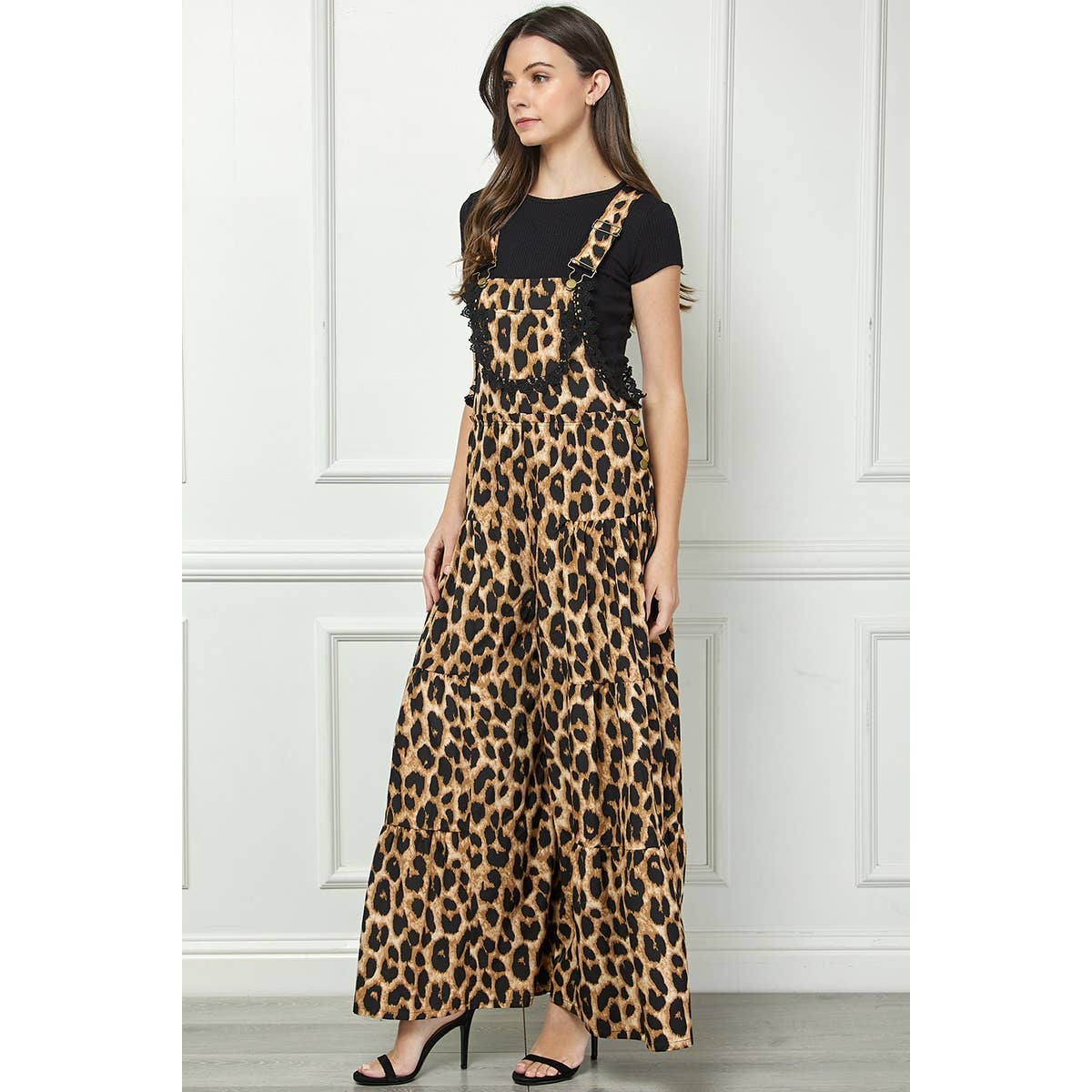 Embroidered Strap Flowy Jumpsuit: Leopard