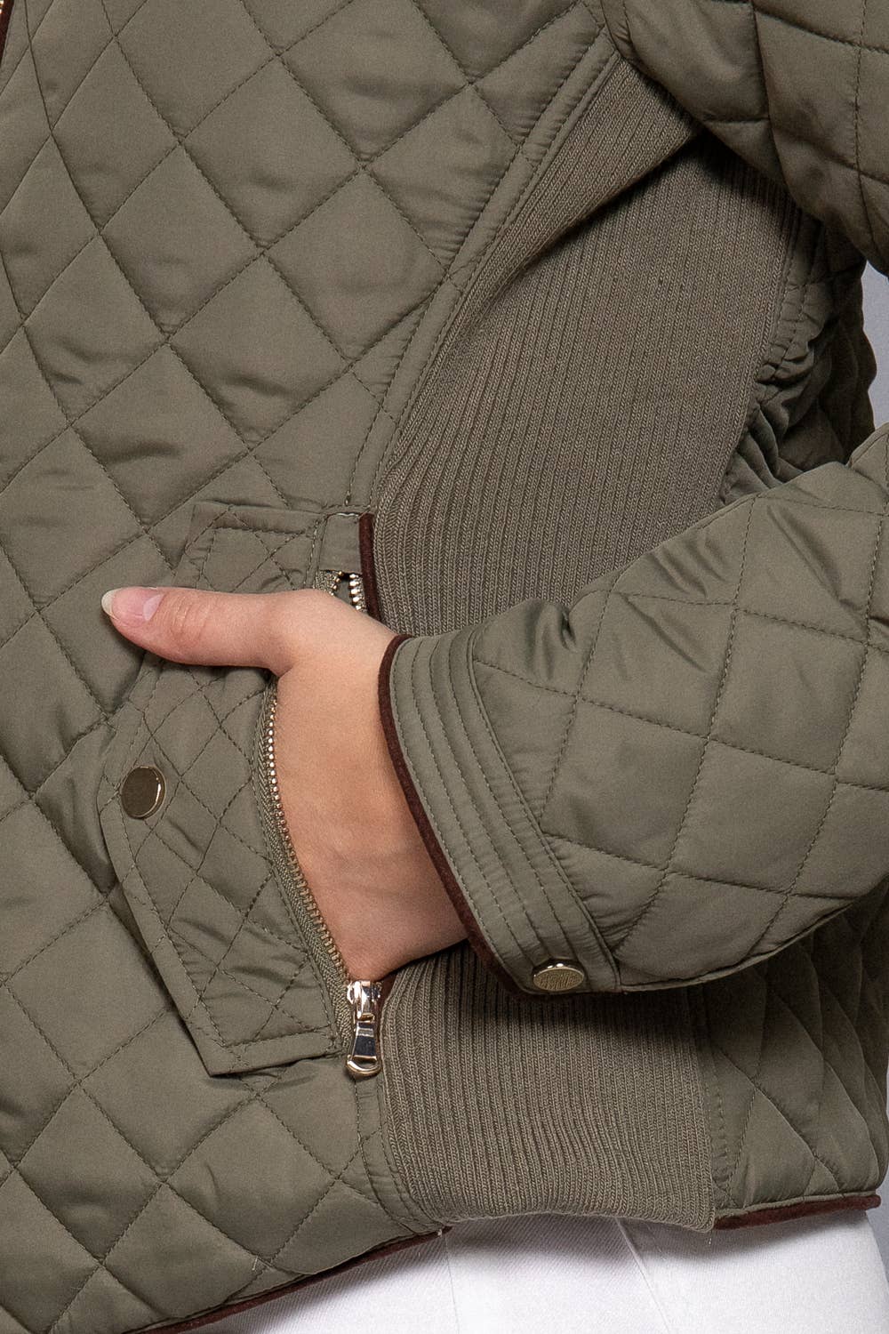 Suede Piping Detail Rib Quilted Padding Jacket: OLV-olive