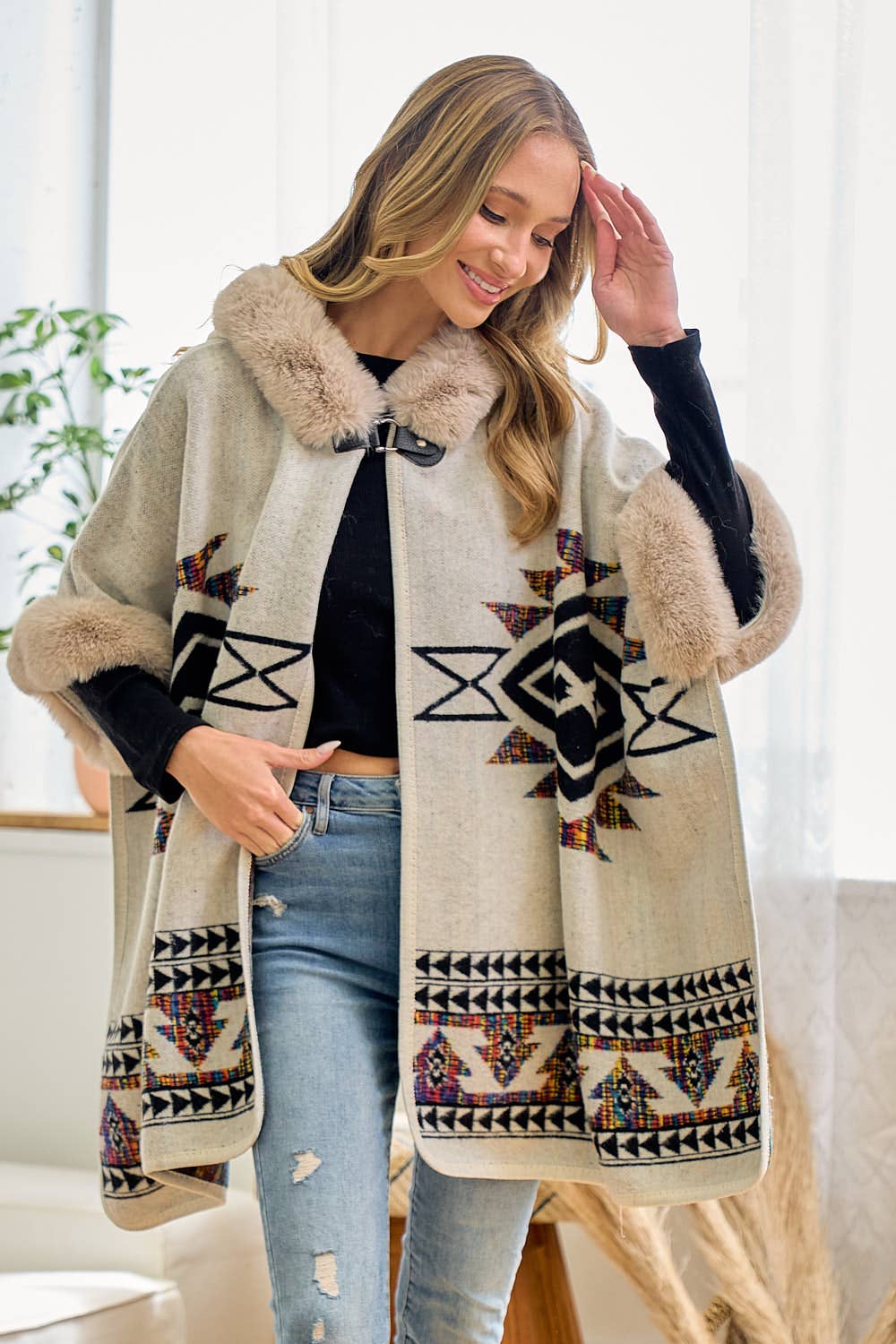 Rainbow Multi Diamond Faux Fur Hooded Poncho: TAUPE MULTI