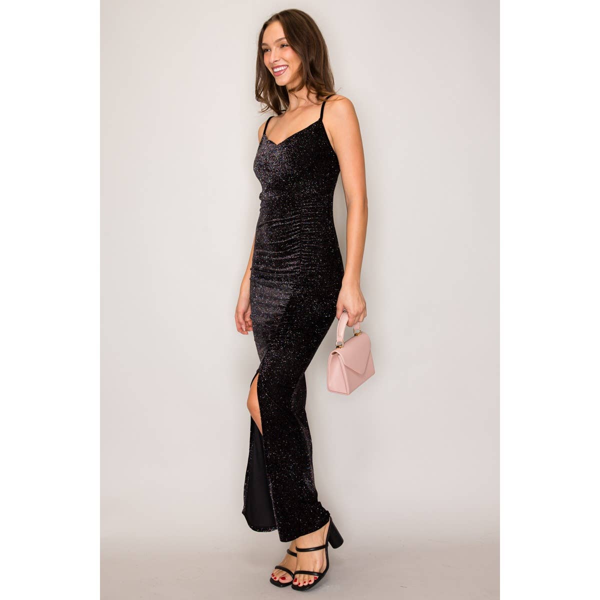 Glitter Velvet Cowl Neck Maxi Dress: Black