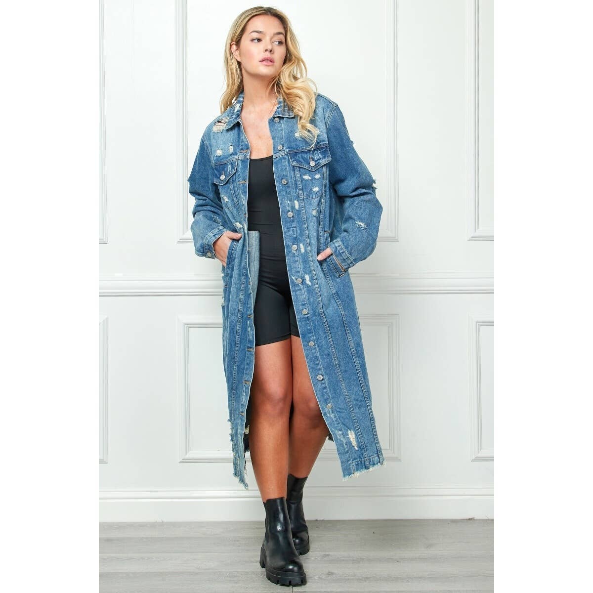 Plus Size Distressed Long Denim Jacket: Medium Wash