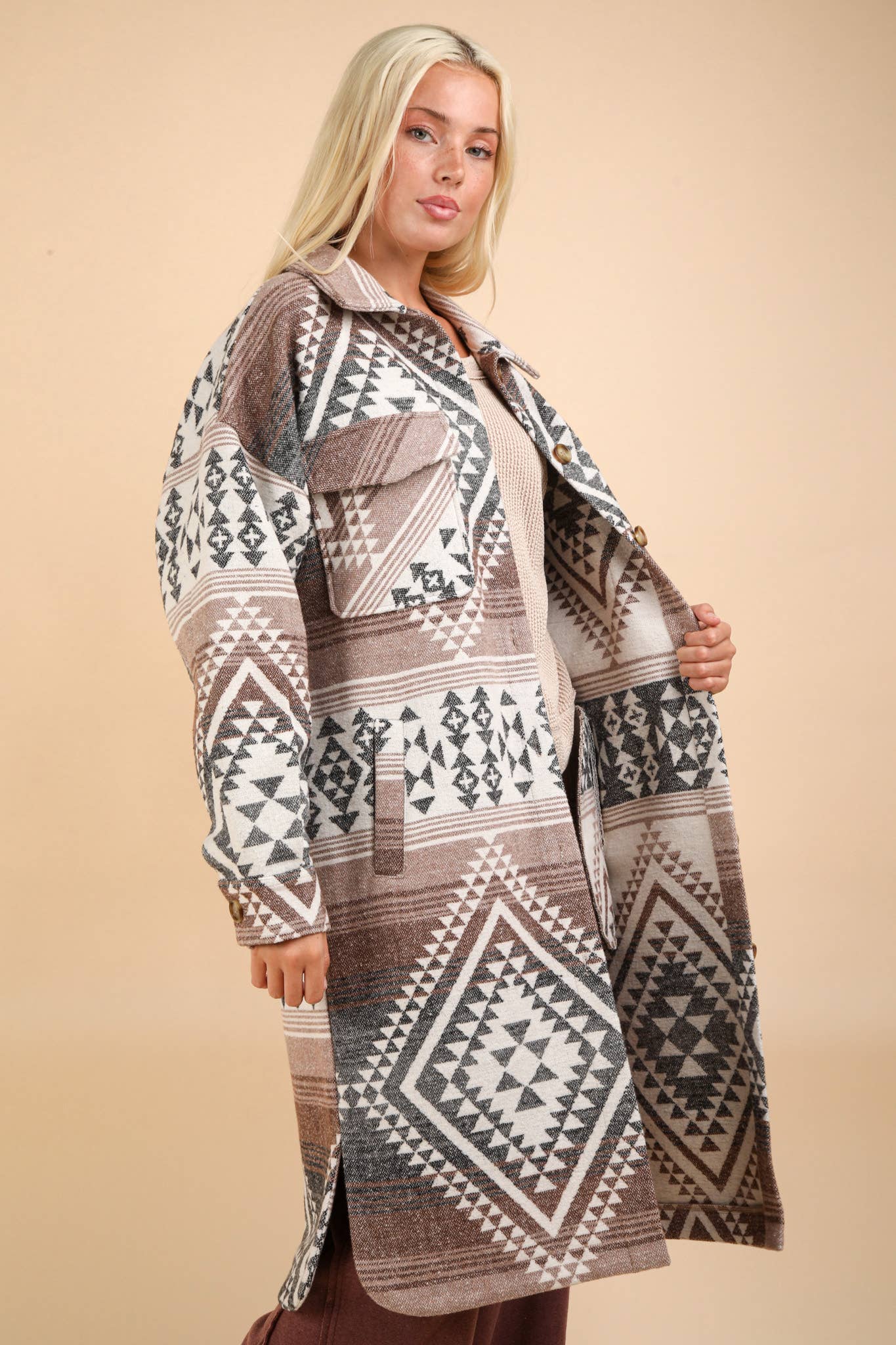 PLUS SIZE Aztec & Plaid Shacket Jacket Coat: BLACK MIX