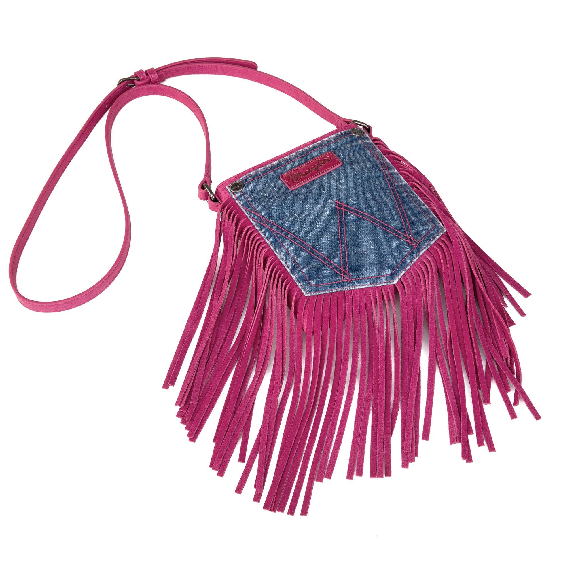 WG44-8360 Wrangler Leather Fringe Jean Denim Pocket Crossbody - Hot Pink: Pink