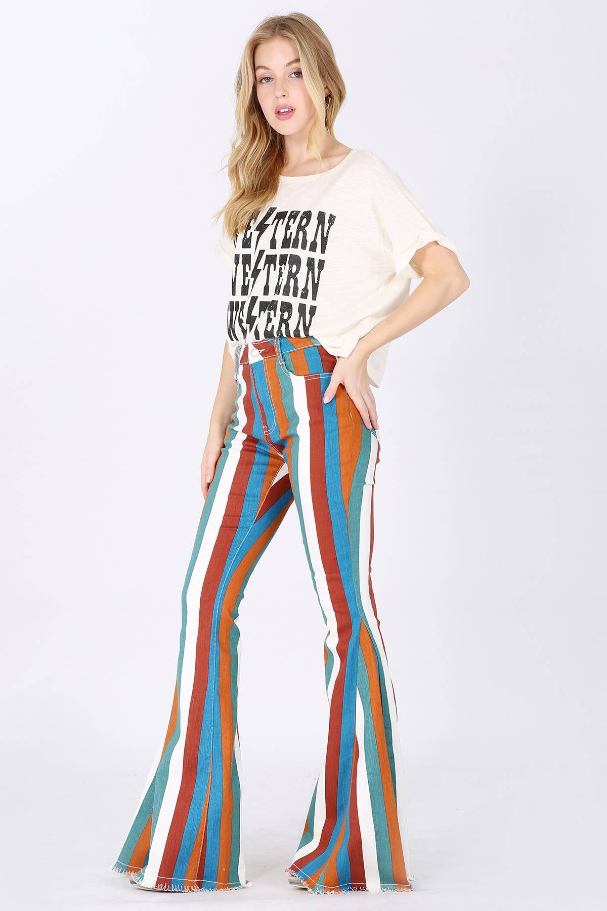 MULTI STRIPE DENIM BELLBOTTOM JEANS - H GREEN