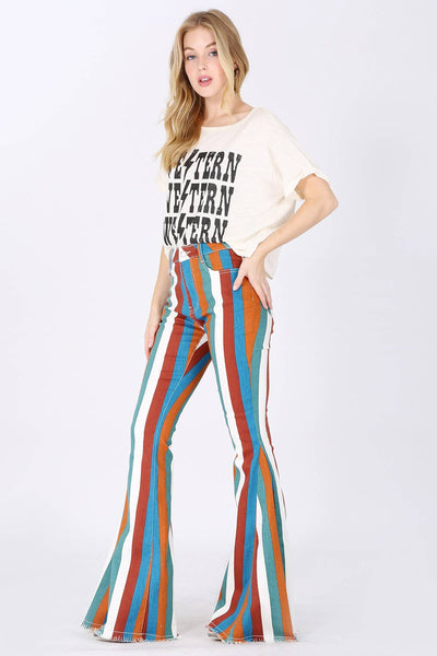 MULTI STRIPE DENIM BELLBOTTOM JEANS - H GREEN