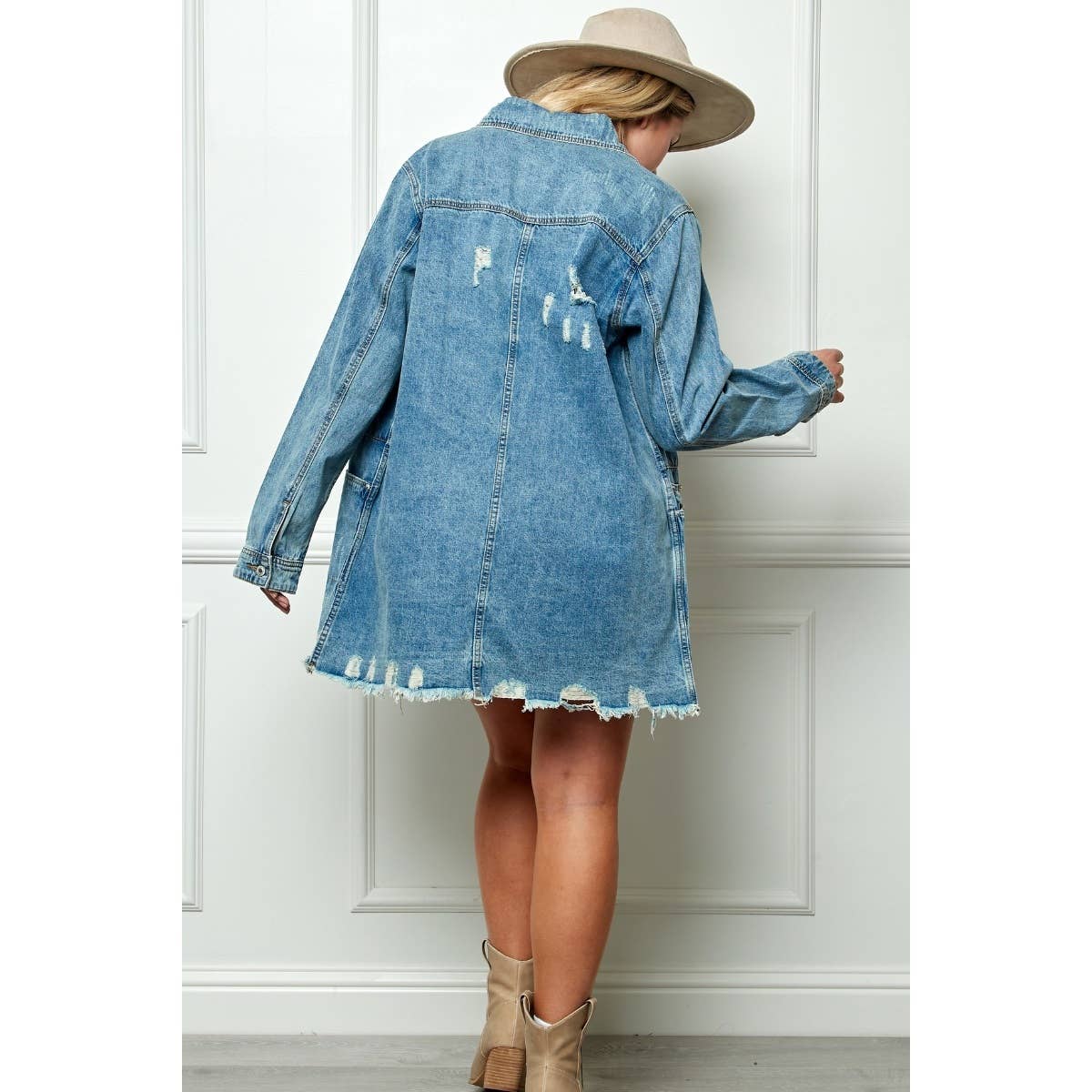 Plus Size Medium Washed Denim Shirts Jacket: Med Wash