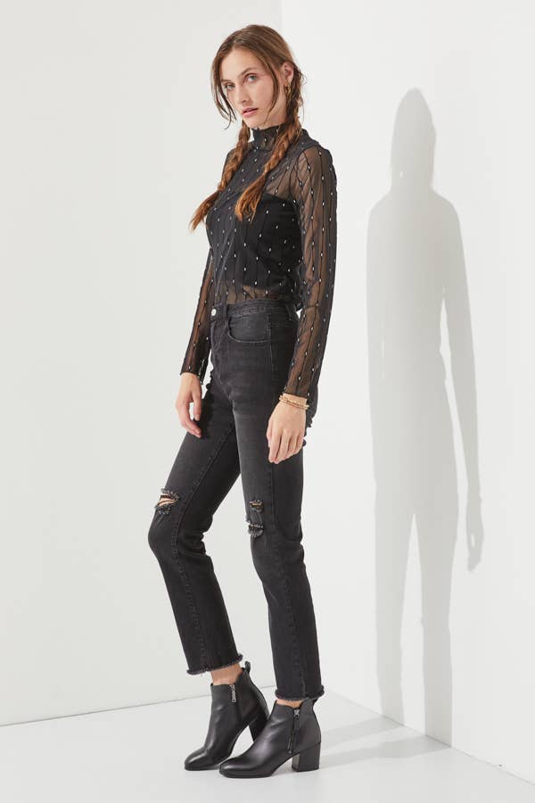 PLUS SIZE MOCK NECK MESH FLOCKED TOP: BLACK