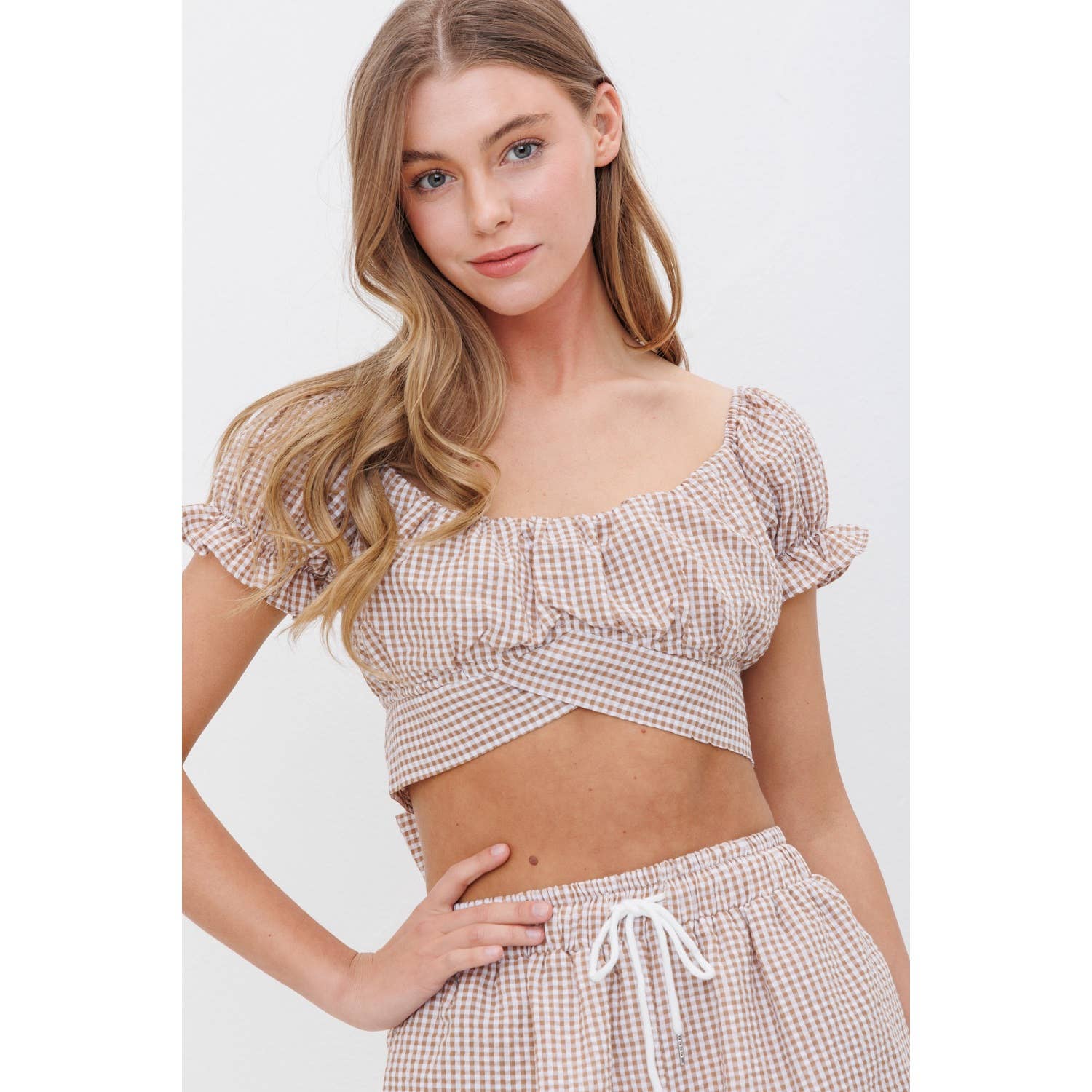 OFF SHOULDER PLEATED CROP TOP WITH BACK RIBBON TIE