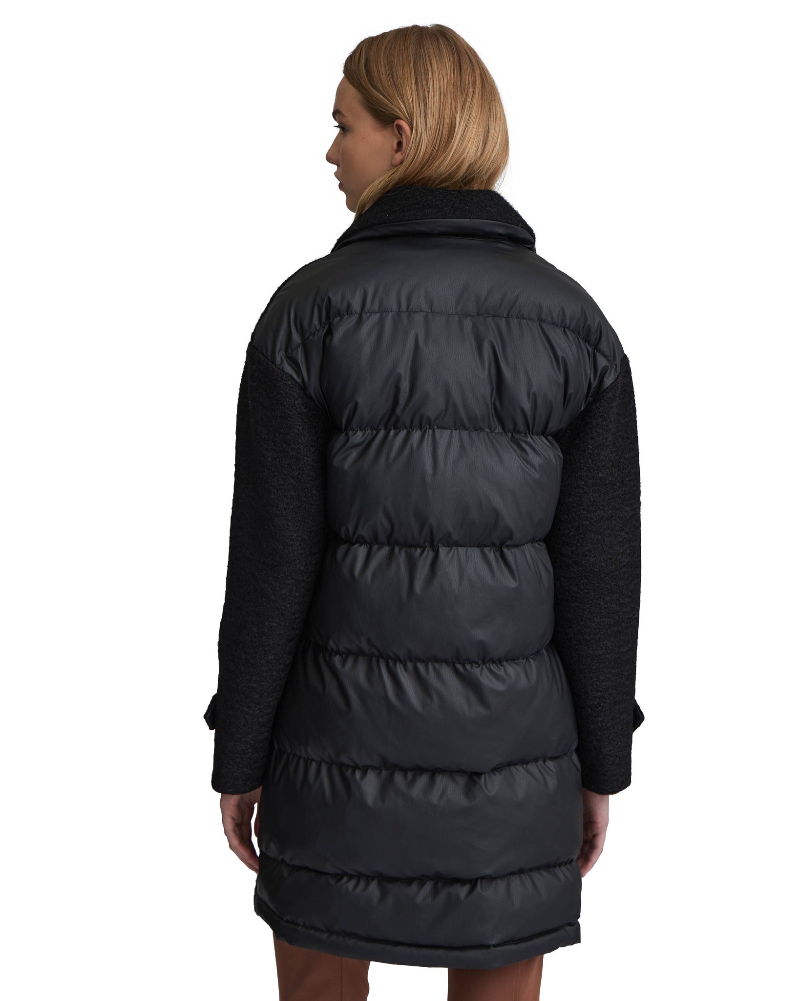 Y4715NVL - BOUCLE MIXED MEDIA PUFFER COAT: Black