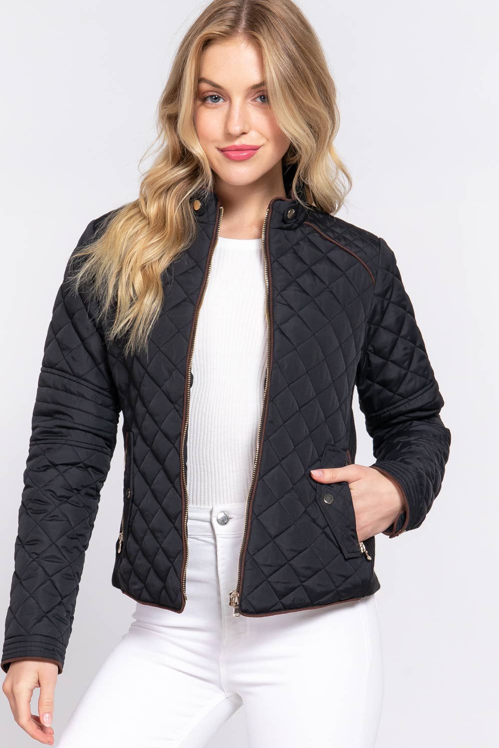 Suede Piping Detail Rib Quilted Padding Jacket : BLK