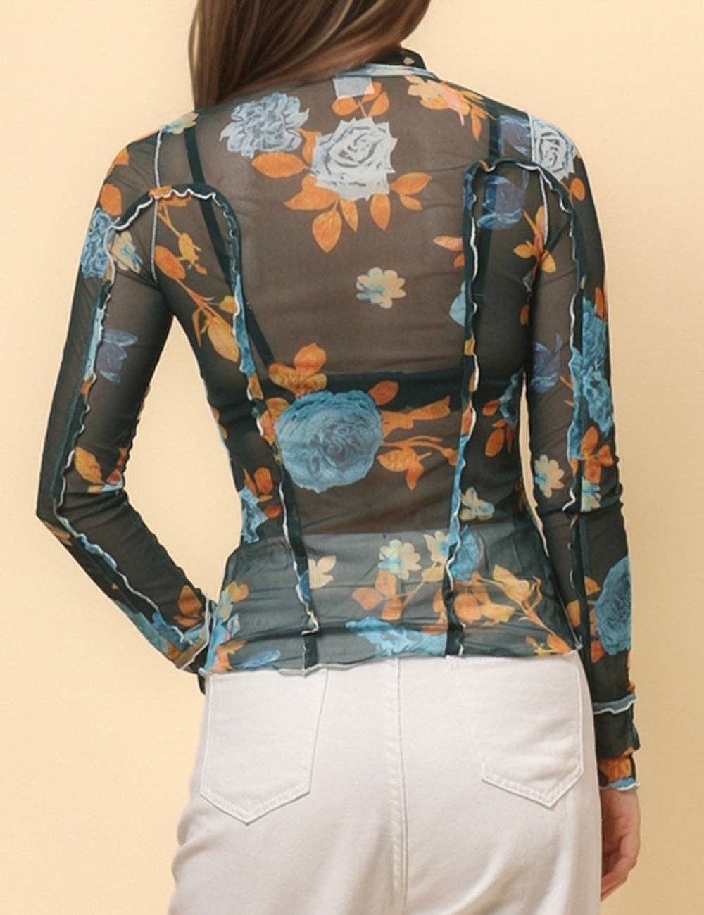 Ladies Floral See Sheer Mesh Layring Top Pullover Blouse SKT4799: Green