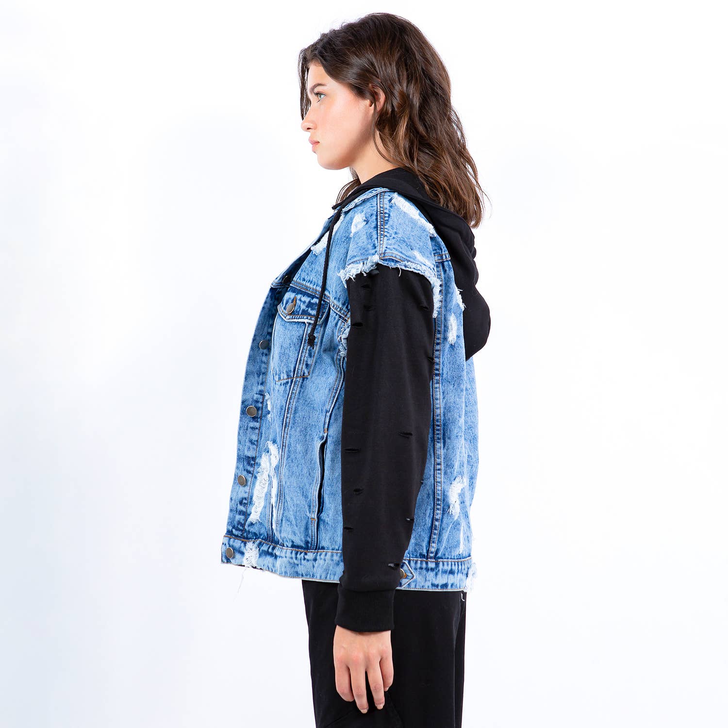 HYBRID HOODIE DENIM JACKETS-RJK9243: BLUE/BLACK