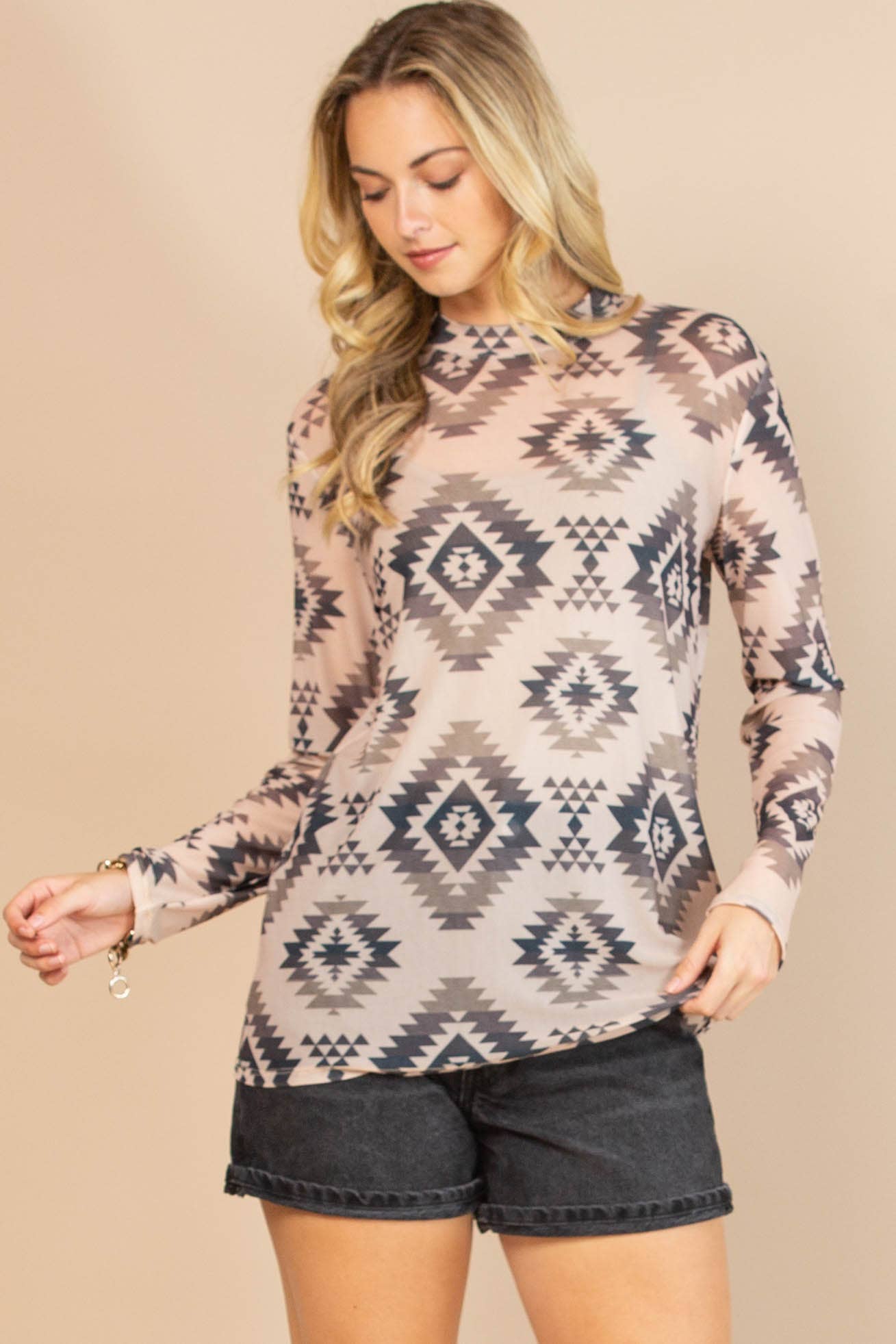 AV1230-MAYA AZTEC PRINT SEMI SHEER MESH TOP: CHARCOAL