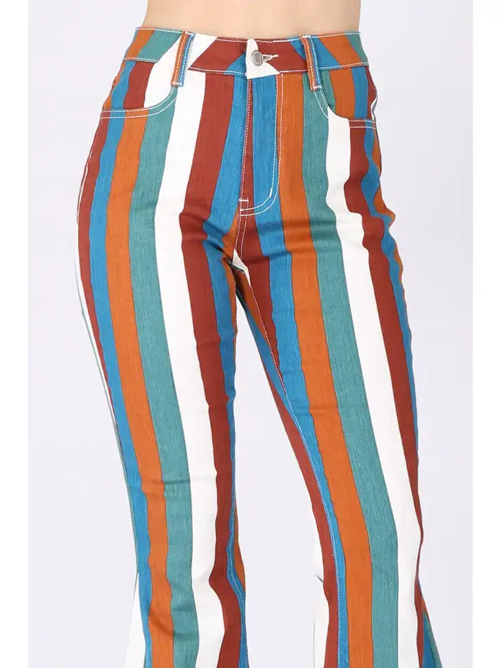 MULTI STRIPE DENIM BELLBOTTOM JEANS - H GREEN
