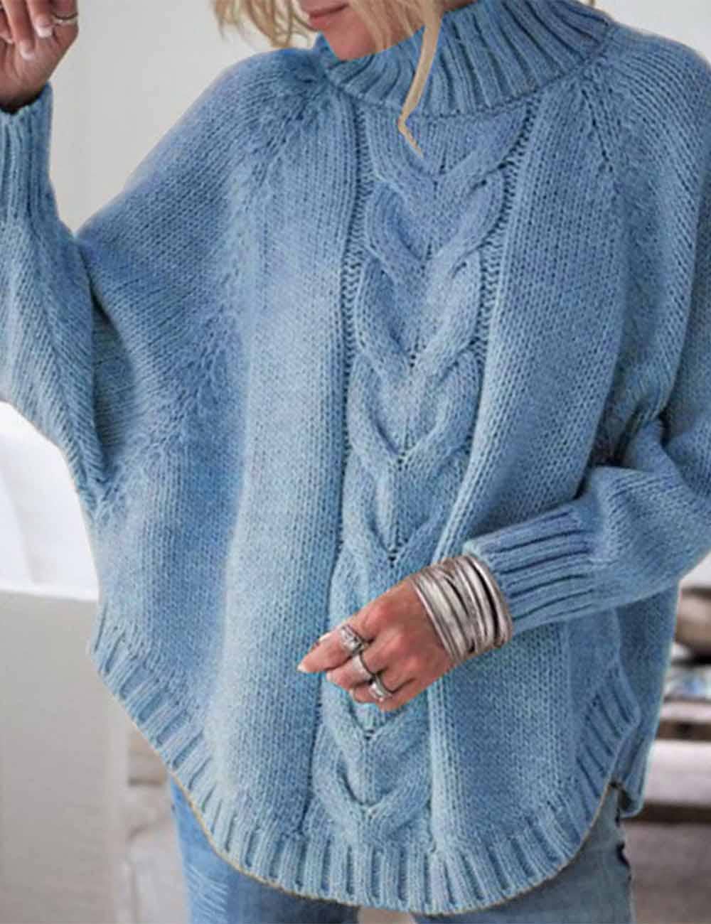 Ladies Solid Color Pullover Stand Collar Cable Sweater: Blue