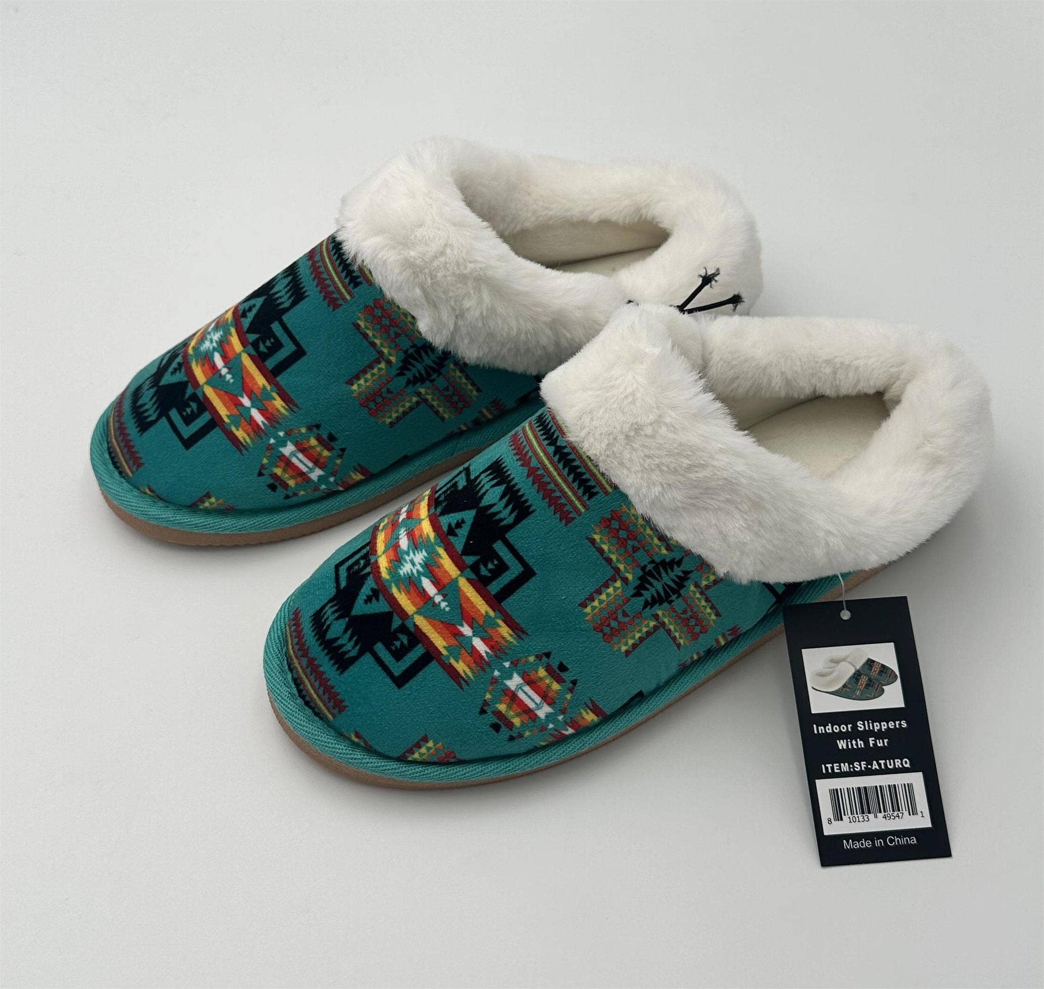 Indoor Slippers With Fur Aztec Turquoise: