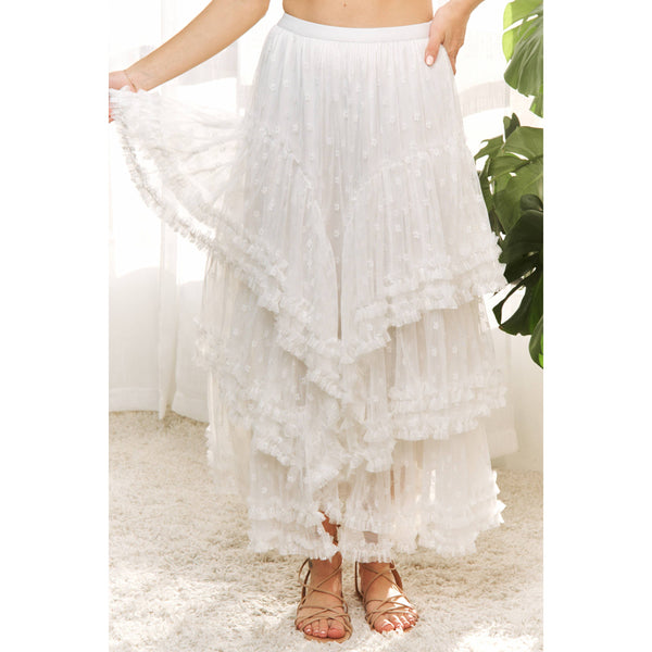 ROMANTIC CASCADING TULLE MESH RUFFLE TIERED MAX SKIRT: BLACK