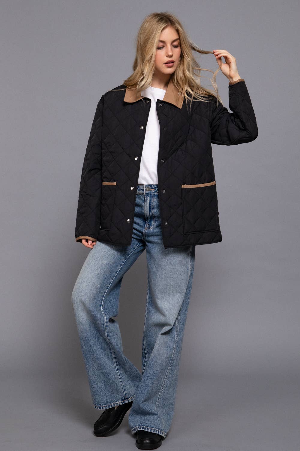 Long Sleeve Contrast Lapel Collar Quilted Puffer Work Jacket: