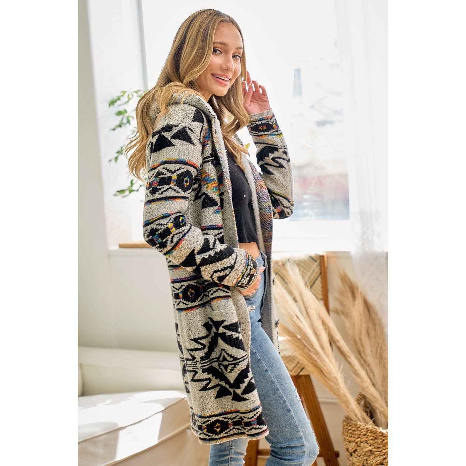 Rainbow Aztec Long Sleeve Hooded Sweater Cardigan: OATMEAL MULTI