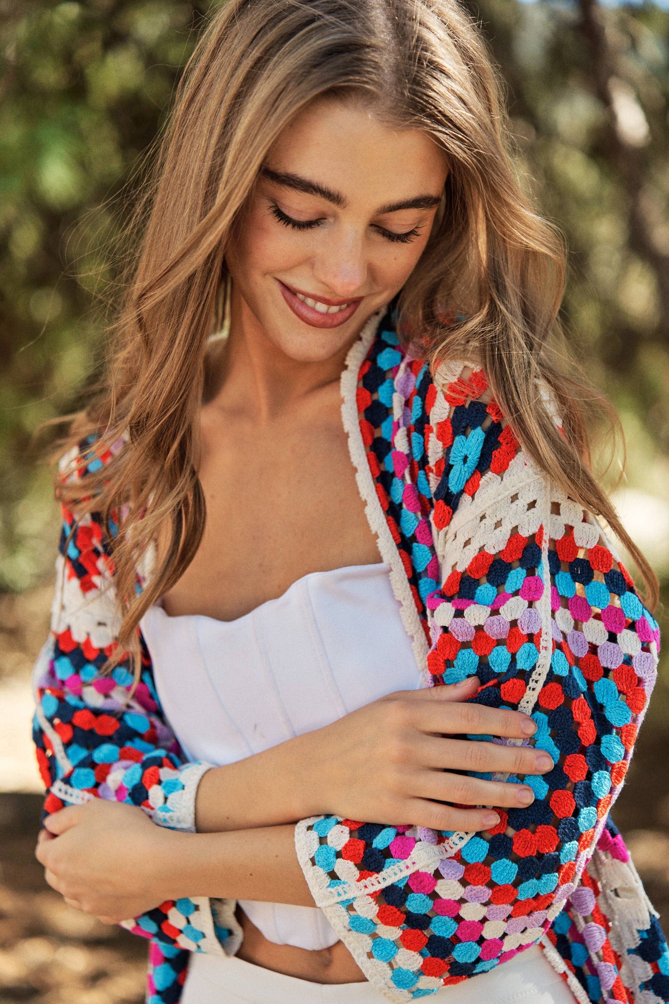 GRANNY SQUARE OPEN MIDI CROCHET KNIT CARDIGAN: ONE / White Multi