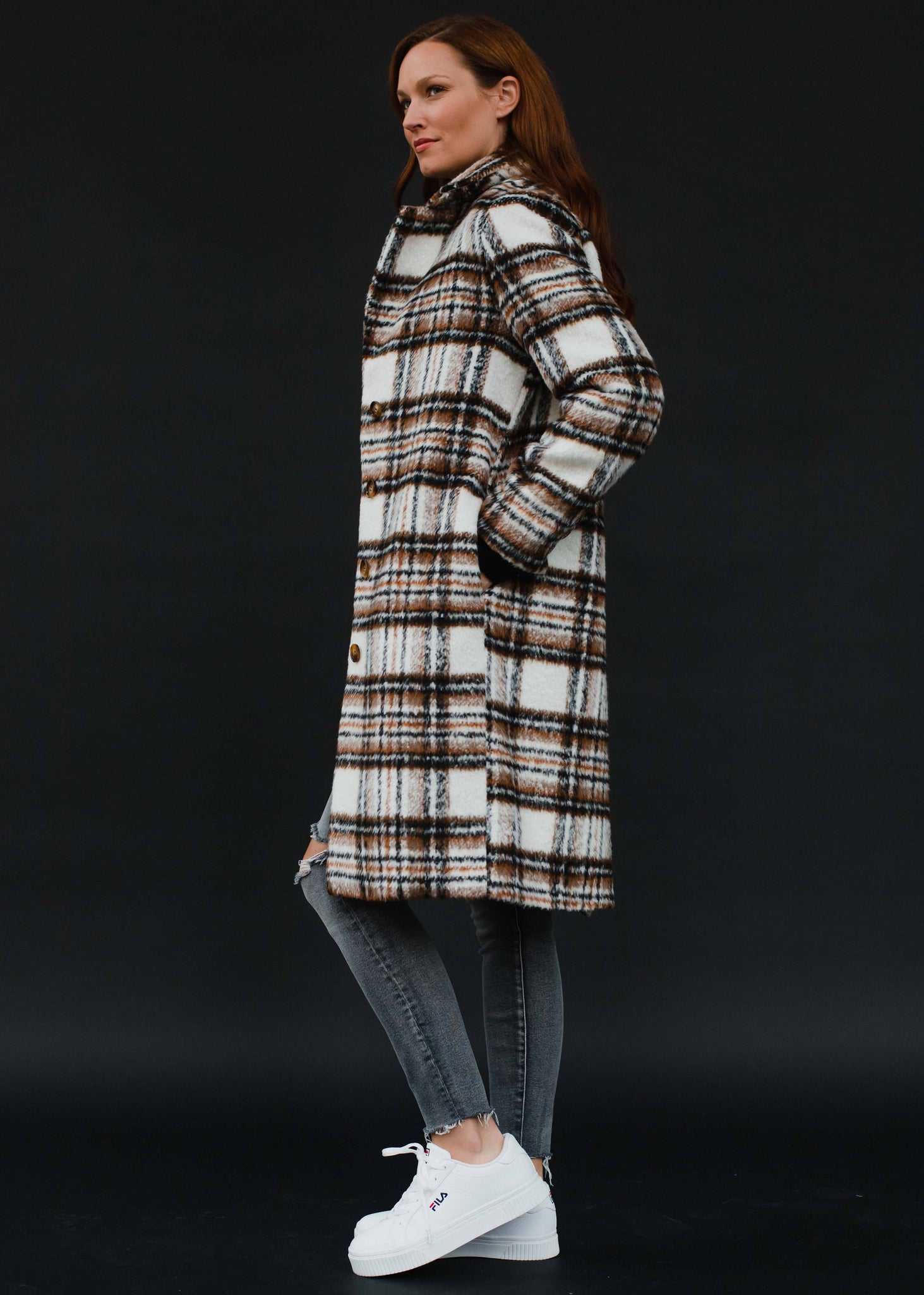 White, Brown & Black Plaid Coat