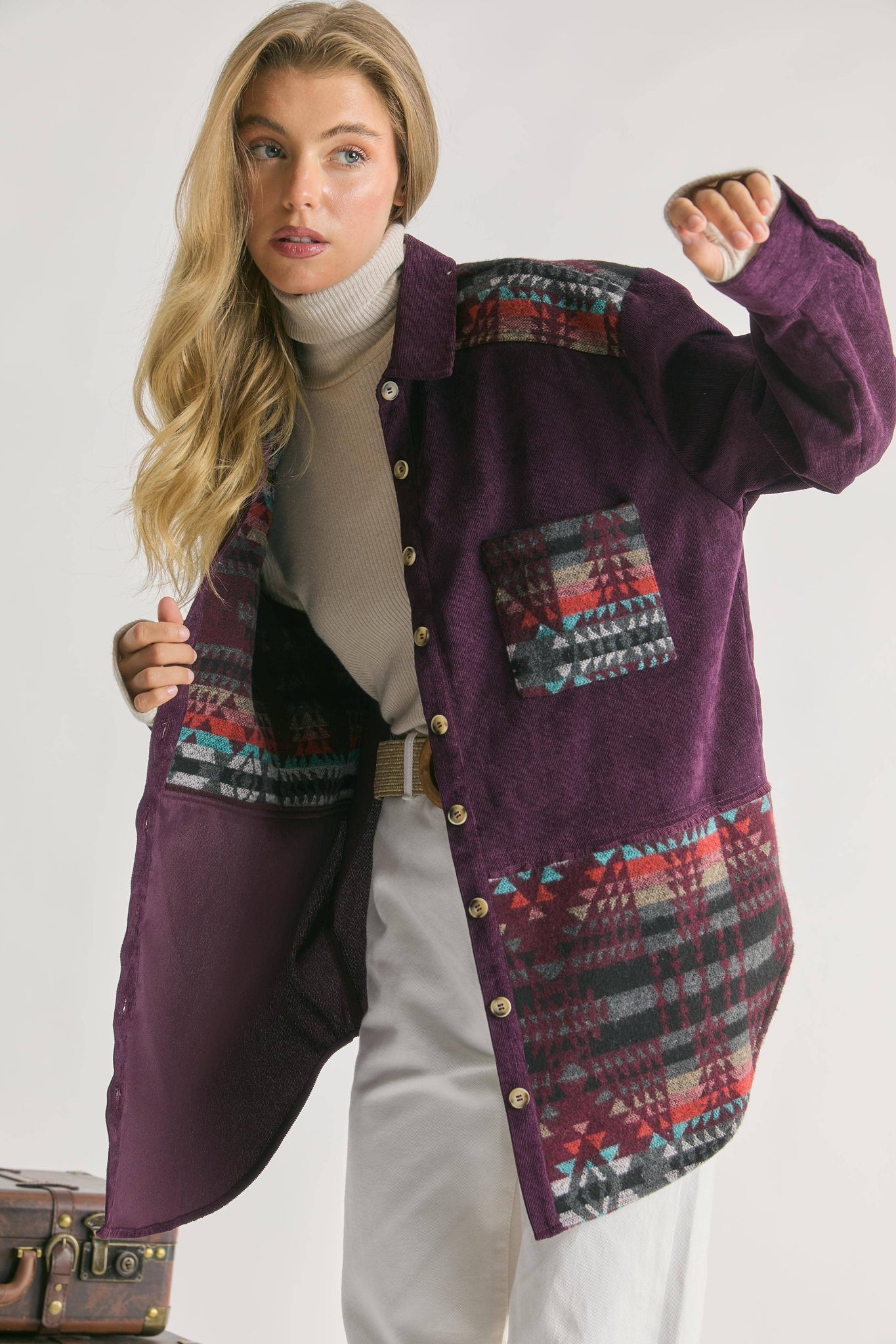 GEO JACQUARD WEAVING CONTRAST BUTTON FRONT SHIRT