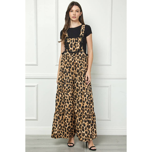 Embroidered Strap Flowy Jumpsuit: Leopard