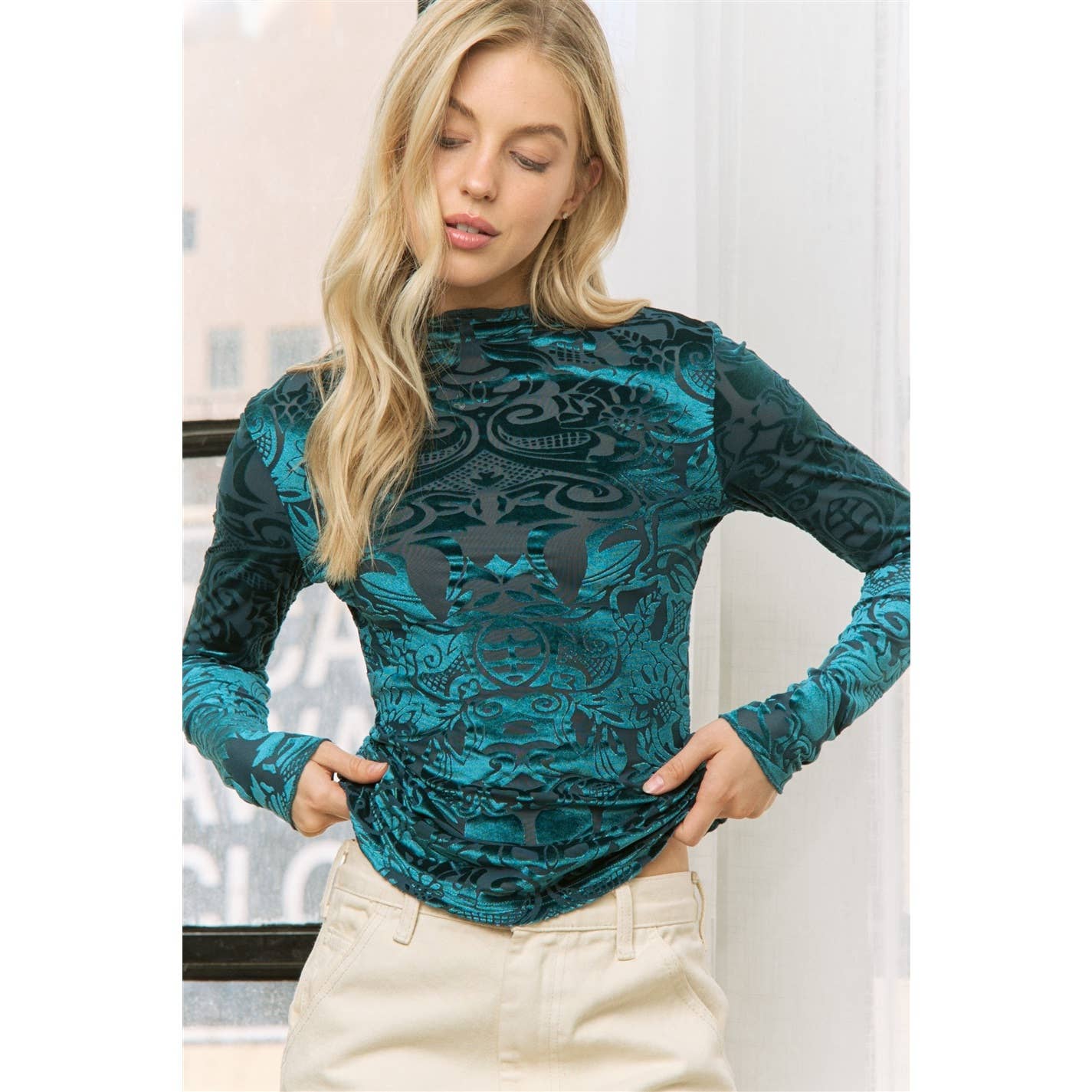 VELVET BURN OUT SLIM FIT HIGH NECKLINE TOP: