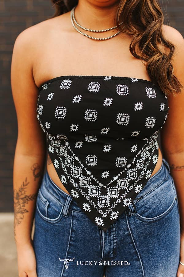 Black Ivory Aztec Printed Strapless Bandana Top: