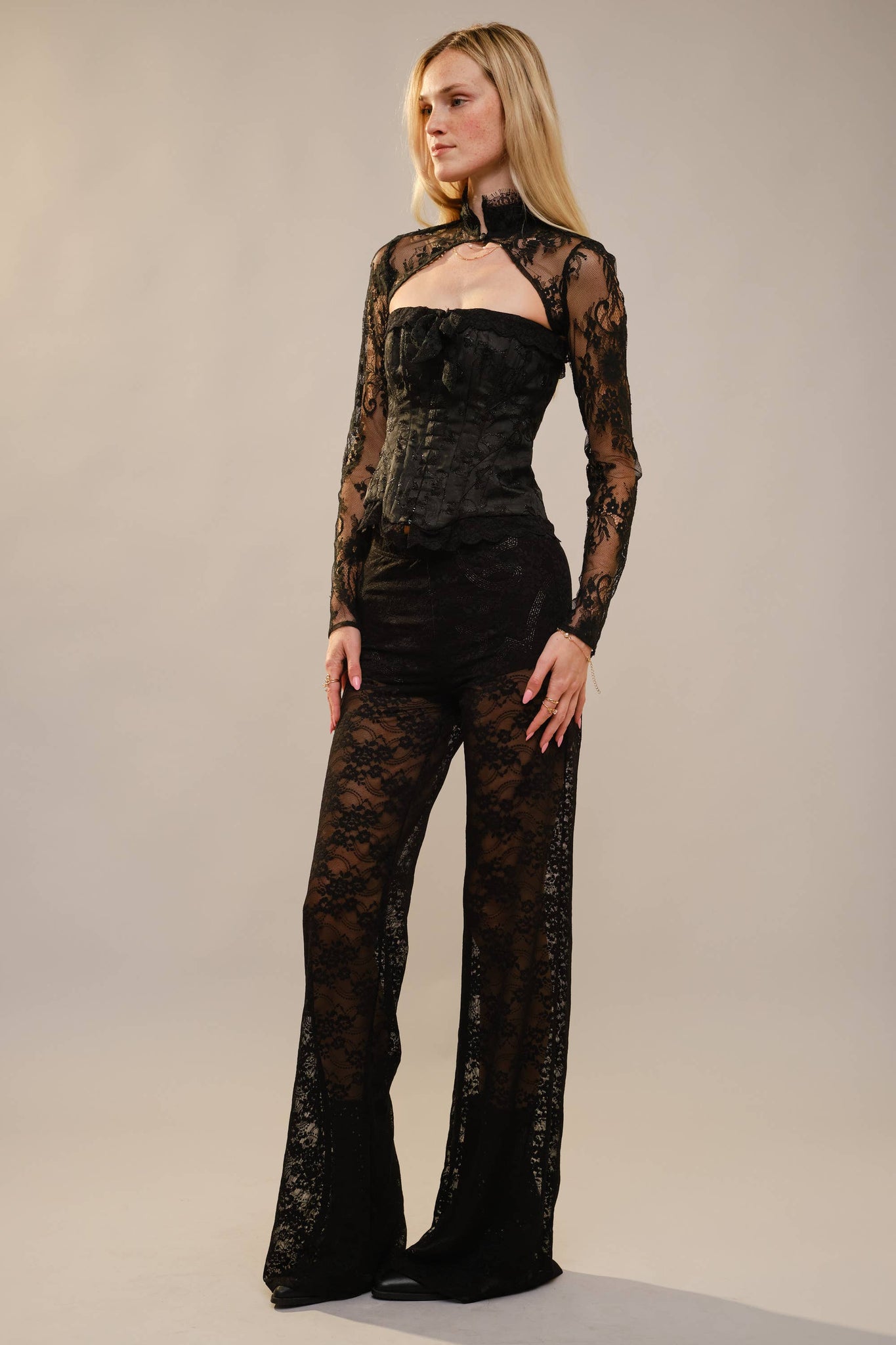 23741SET Lace Bow Front Corset & Bolero Set: BLACK