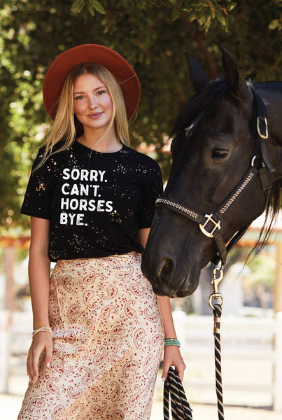 SORRY CANT HORSES BYE Hand Bleached Graphic T-Shirt  : BLACK SPARKLE