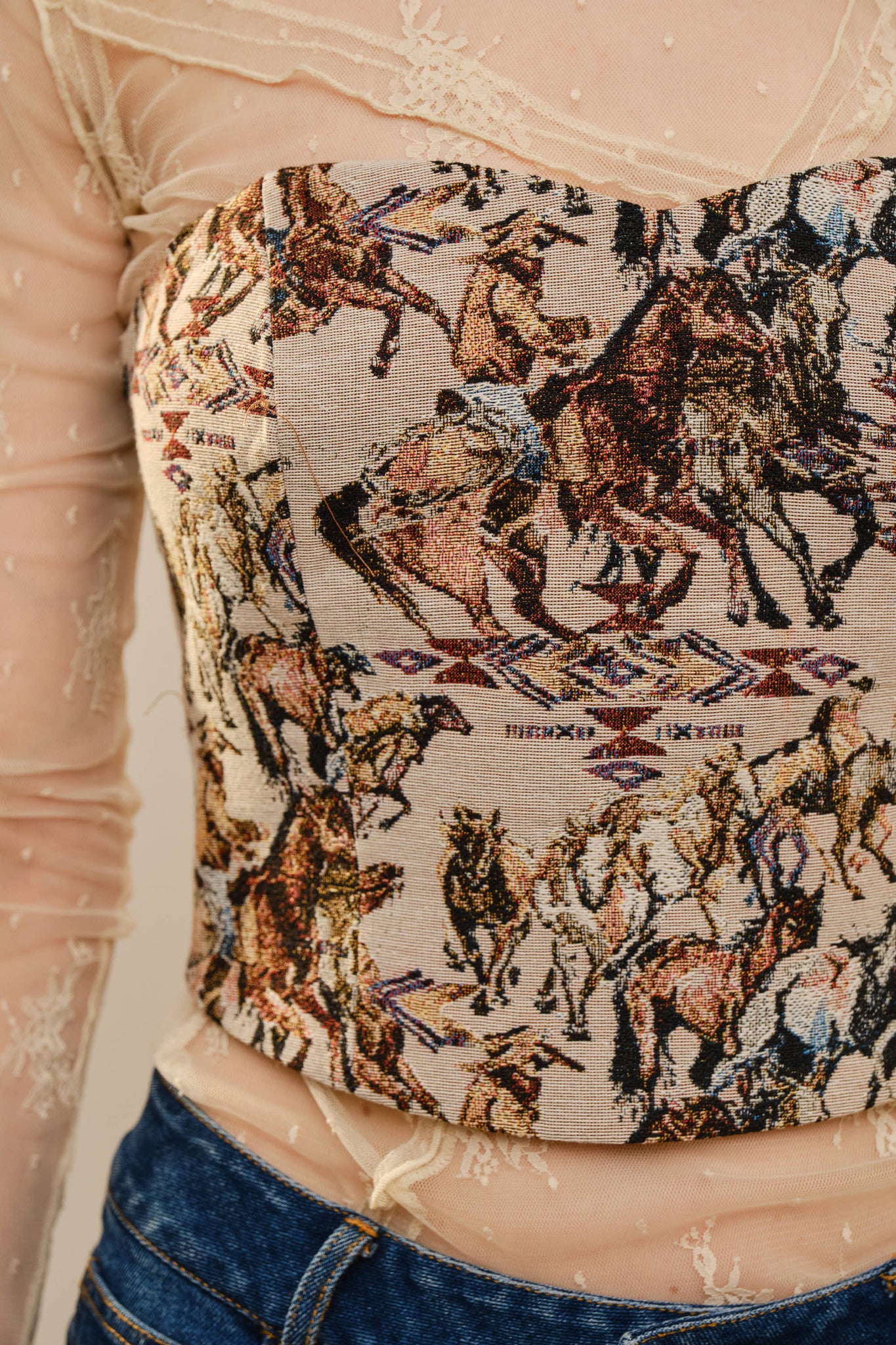 33158T - Horse Jacquard Lace-Up Corset Top: TAUPE MULTI