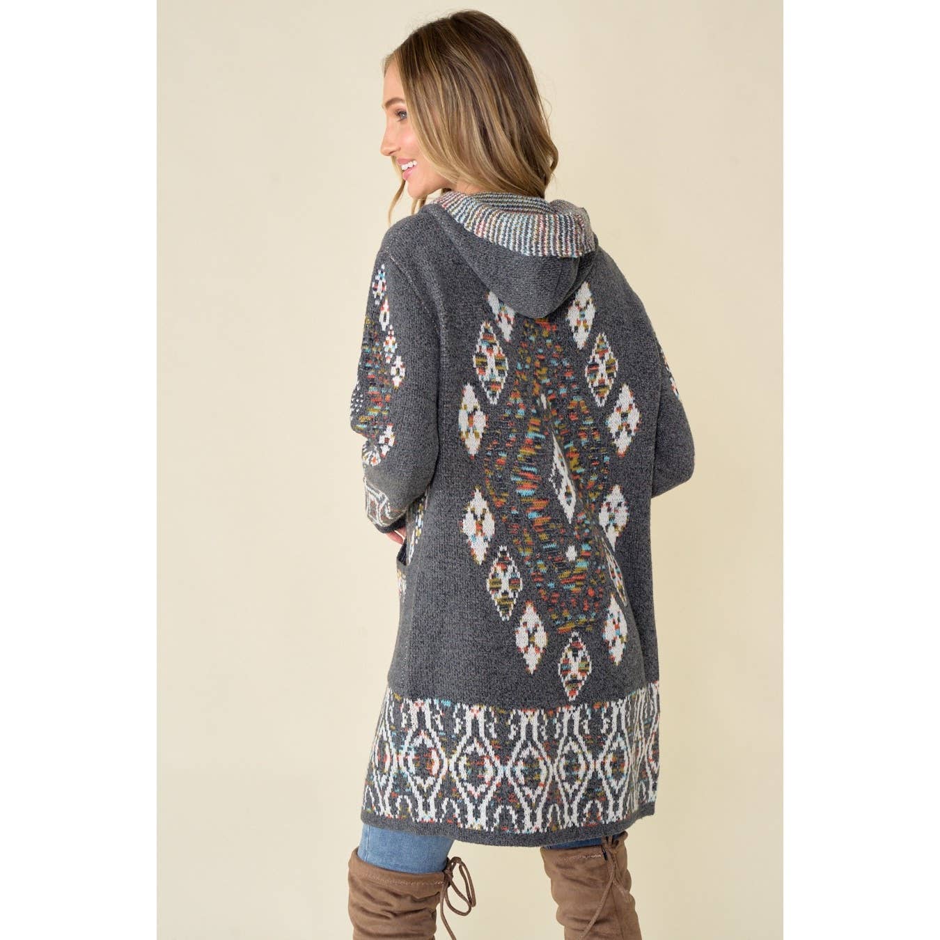 Aztec Rainbow Jacquard Long Sleeve Hooded Cardigan: GREY