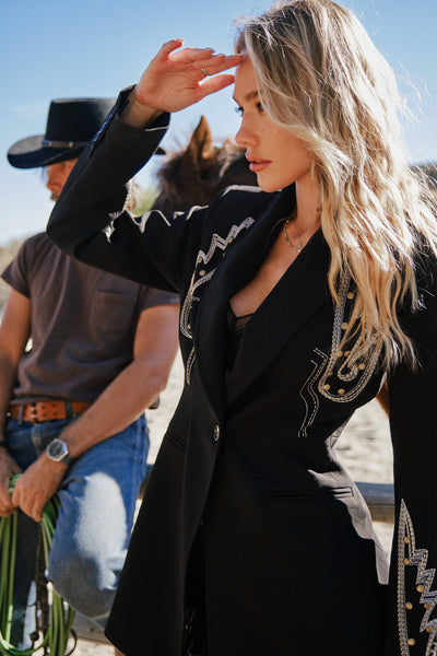 23503J - Woven Suiting Embroidered Tunic Blazer: BLACK